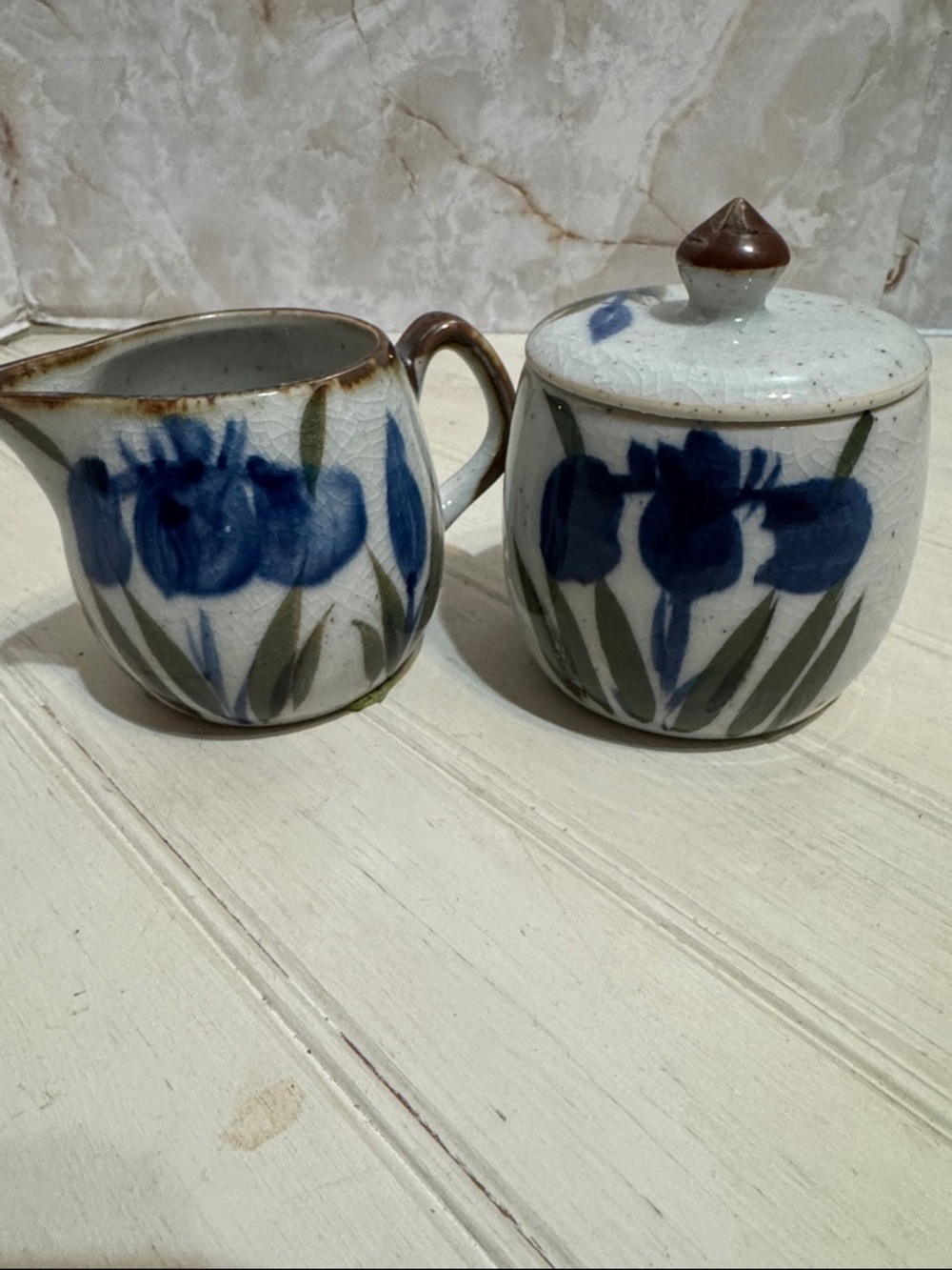 Andrea By Sadek Blue and Green Hand-Painted Sugar and Creamer Set